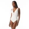 Carmen Marc Valvo Ruched Over The Shoulder One Piece Swimsuit - Sunlit Seas