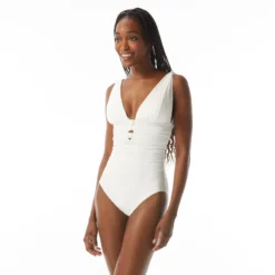 Carmen Marc Valvo Ruched Over The Shoulder One Piece Swimsuit - Sunlit Seas