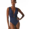Carmen Marc Valvo Deep Plunge Ruched One Piece Swimsuit - Solids