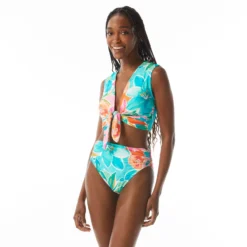 Carmen Marc Valvo Cap Sleeve Tie Front Crop Top - Flower Blooms