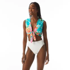 Carmen Marc Valvo Cap Sleeve Tie Front Crop Top - Flower Blooms -Sexy Swimwear Store C2M440 970 alt02