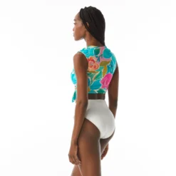 Carmen Marc Valvo Cap Sleeve Tie Front Crop Top - Flower Blooms -Sexy Swimwear Store C2M440 970 alt03