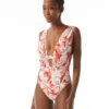 Carmen Marc Valvo Deep Plunge Ruched One Piece Swimsuit - Tiger Lily