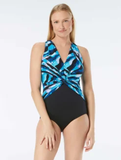 Gabar Chlorine Resistant Draped Twist V-Neck One Piece Swimsuit - Tide Pool