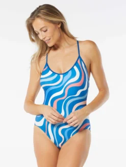 Beach House Sport Crest Racerback One Piece Swimsuit - Ribbon Stripe
