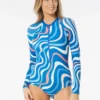 Beach House Sport Sculpt Long Sleeve Zip Front One Piece Swimsuit - Ribbon Stripe
