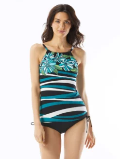 Beach House Swim Blair High Neck Tankini Top - Deco Border