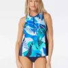 Beach House Sport Racer Zip Front Tankini Top - Geo Palm