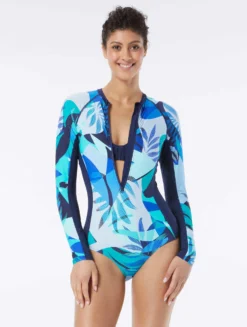 Beach House Sport Sculpt Long Sleeve Zip Front One Piece Swimsuit - Geo Palm