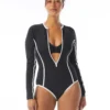 Beach House Sport Sculpt Long Sleeve Zip Front One Piece Swimsuit - Piping
