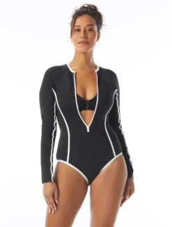 Beach House Sport Sculpt Long Sleeve Zip Front One Piece Swimsuit - Piping