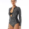 Beach House Sport Sculpt Long Sleeve Zip Front One Piece Swimsuit - Desert Giraffe