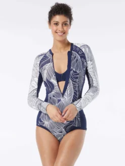 Beach House Sport Sculpt Long Sleeve Zip Front One Piece Swimsuit - Paradise Palm