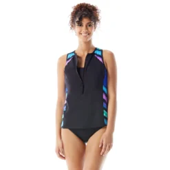 Beach House Sport Racer Zip Front Tankini Top - Sunset & Stripes