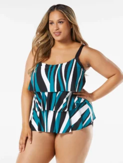 Beach House Swim Plus Size Jane Ruffle Tiered Tankini Top - Wave Pool Stripe -Sexy Swimwear Store HW08096 001 R scaled