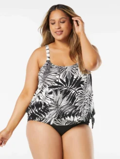 Beach House Swim Plus Size Sarah Side Tie Blouson Tankini Top - Abstract Palm -Sexy Swimwear Store HW14012 001 R scaled