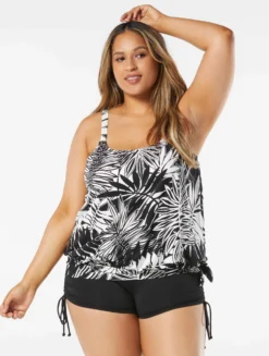 Beach House Swim Plus Size Sarah Side Tie Blouson Tankini Top - Abstract Palm -Sexy Swimwear Store HW14012 001 alt02 R scaled