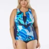 Beach House Sport Plus Size Racer Zip Front Tankini Top - Geo Palm