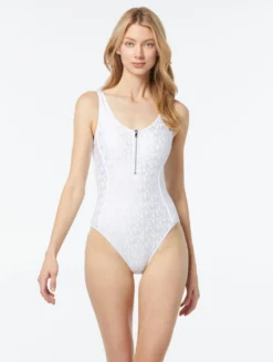 MICHAEL Michael Kors Zip Front One Piece Swimsuit - Foil Signature Logo