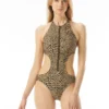 MICHAEL Michael Kors Zip Front Cut Out One Piece Swimsuit - Abstract Animal