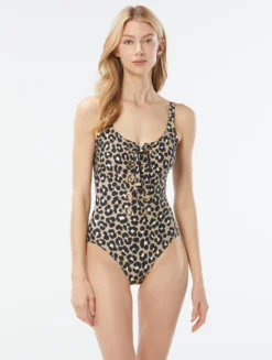 MICHAEL Michael Kors Lace Up One Piece Swimsuit - Graphic Cheetah