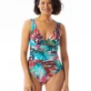 Coco Contours Solitaire V-Neck Bra Sized Underwire One Piece Swimsuit - Watercolor Leaf