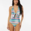 Vince Camuto Tie Front Halter One Piece Swimsuit - Sunbeam Stripe