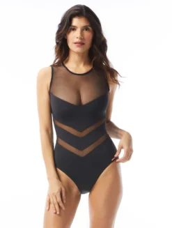 Vince Camuto High Neck Zip Back One Piece Swimsuit - Mesh Cut Outs