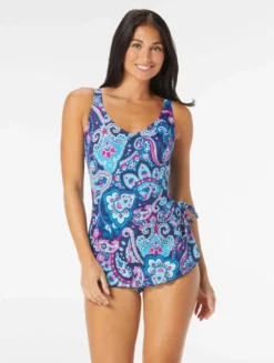 Roxanne Bra Sized V-Neck Sarong One Piece Swimsuit - Royal Paisley