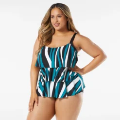 Beach House Swim Plus Size Jane Ruffle Tiered Tankini Top - Wave Pool Stripe