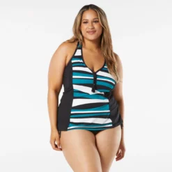 Beach House Swim Plus SIze Erinna Racerback Zipper Front Tankini Top - Wave Pool Stripe