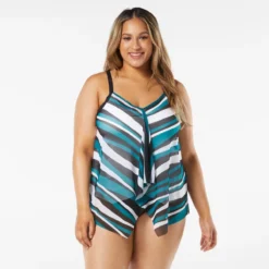 Beach House Swim Plus Size Kerry Mesh Layer Tankini Top - Wave Pool Stripe