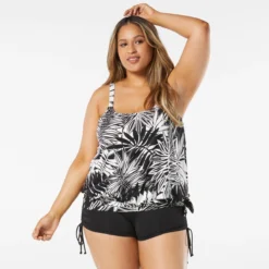 Beach House Swim Plus Size Sarah Side Tie Blouson Tankini Top - Abstract Palm -Sexy Swimwear Store hw14012 001 alt02