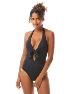 Vince Camuto Tie Front Halter One Piece Swimsuit - Solids